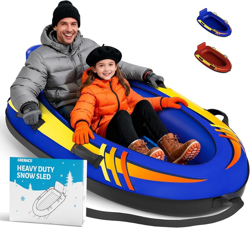 GRENACU 2 Person Inflatable Snow Sled with Premium Canvas Cover, Snow Tubes for Sledding Heavy Duty with Backrest and Handles for Adults, Winter Outdoor Toys Gifts for Boys Girls Family - Image 1